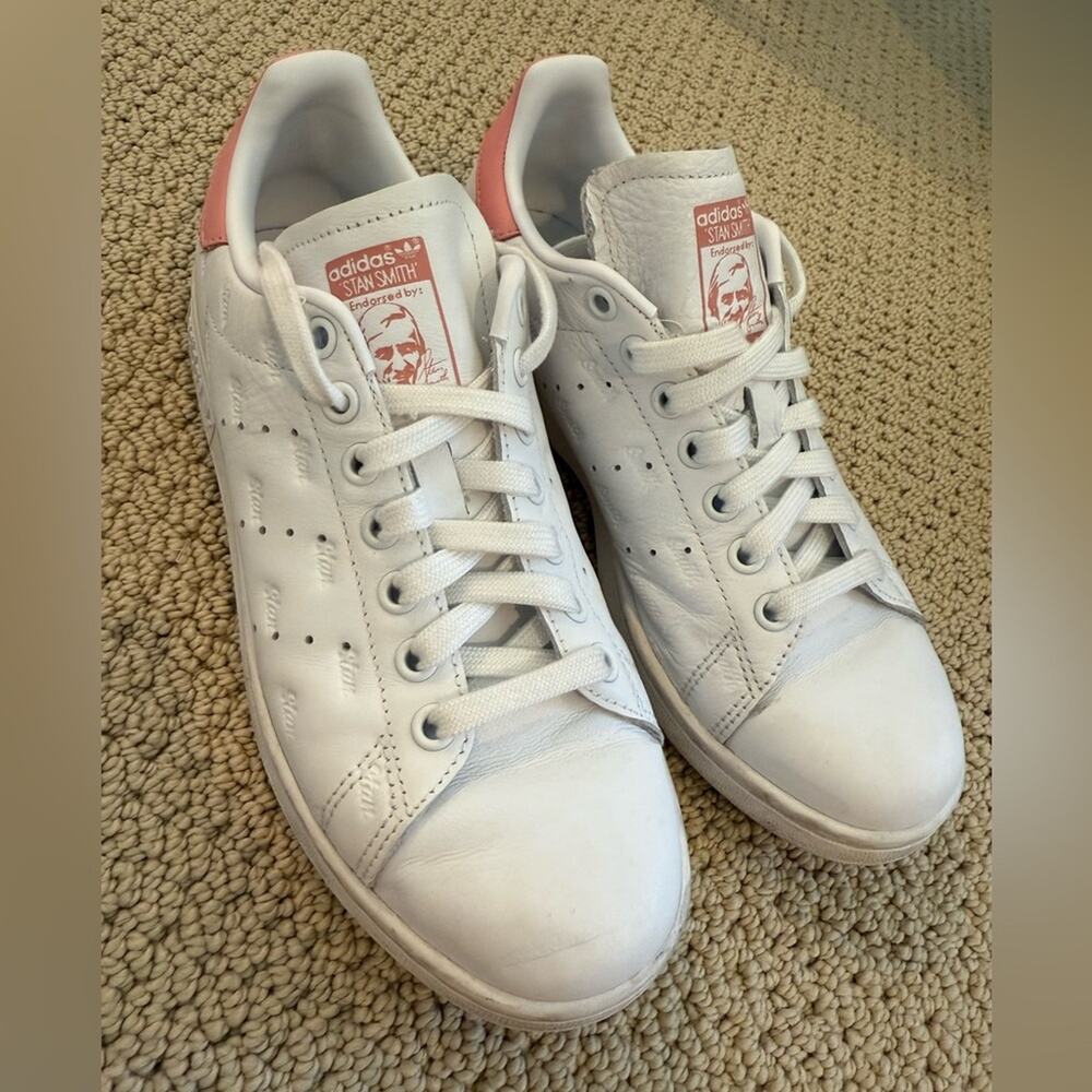 Adidas Stan Smith White Sneakers with Pink Details Size Wom US 7.5 Stan Embossed